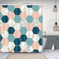 Geometry Shower Curtain, Marble Color Block Shower Curtain with 12 Hooks, Waterproof Durable Shower Curtain for Bathroom, Pink Blue Modern Bathroom Decor, 69" × 70"